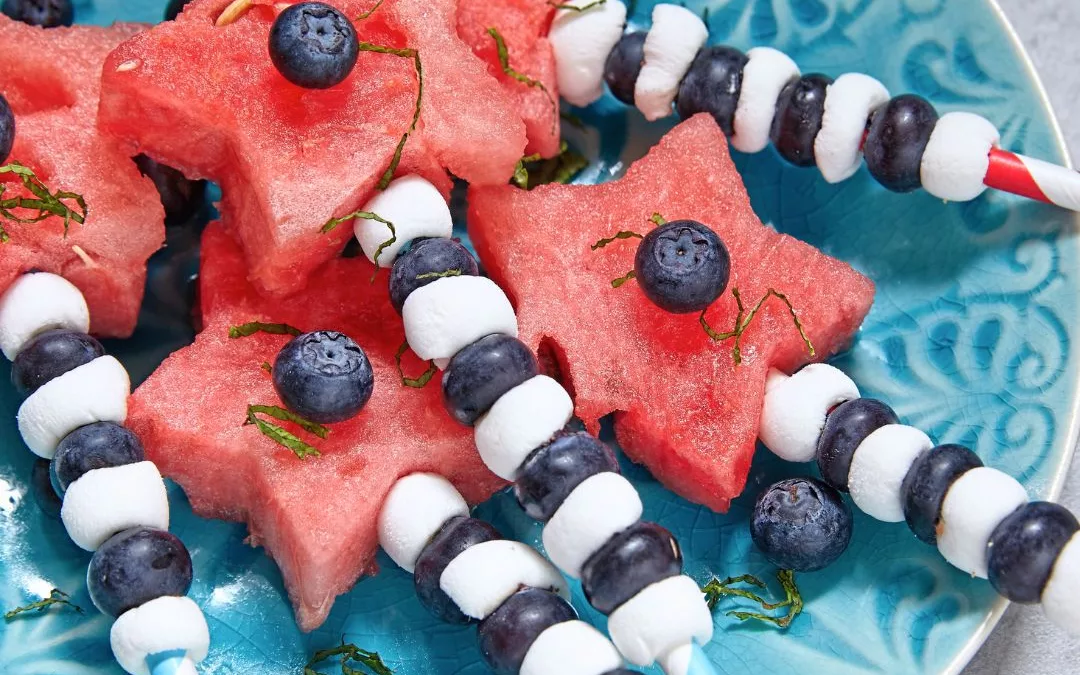 Watermelon stars, marshmallow, blueberry desserts for 4th of July