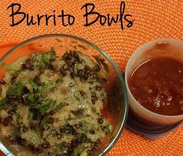 Burrito bowls with quinoa, millet or rice, black beans and salsa